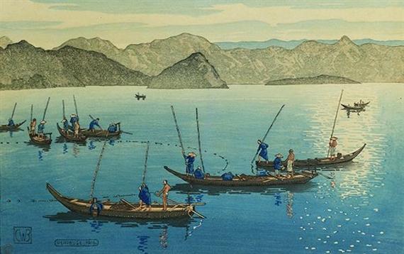 Ushibuse, Japon, 1916, “Fishing in the bay of Enoura. On the distant mountains is seen the profile of the Sleeping Bouddha” (CWB)