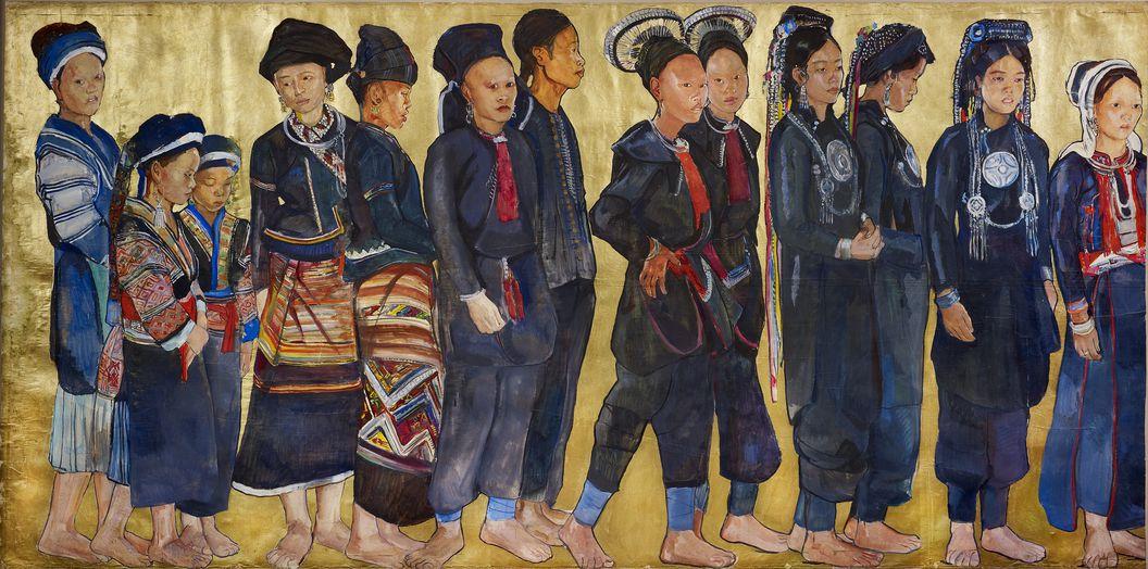 Une partie de la frise de l’exposition coloniale de 1931. Elle représente le peuple Mnong. Gouache sur papier (3 x 1,5 m)