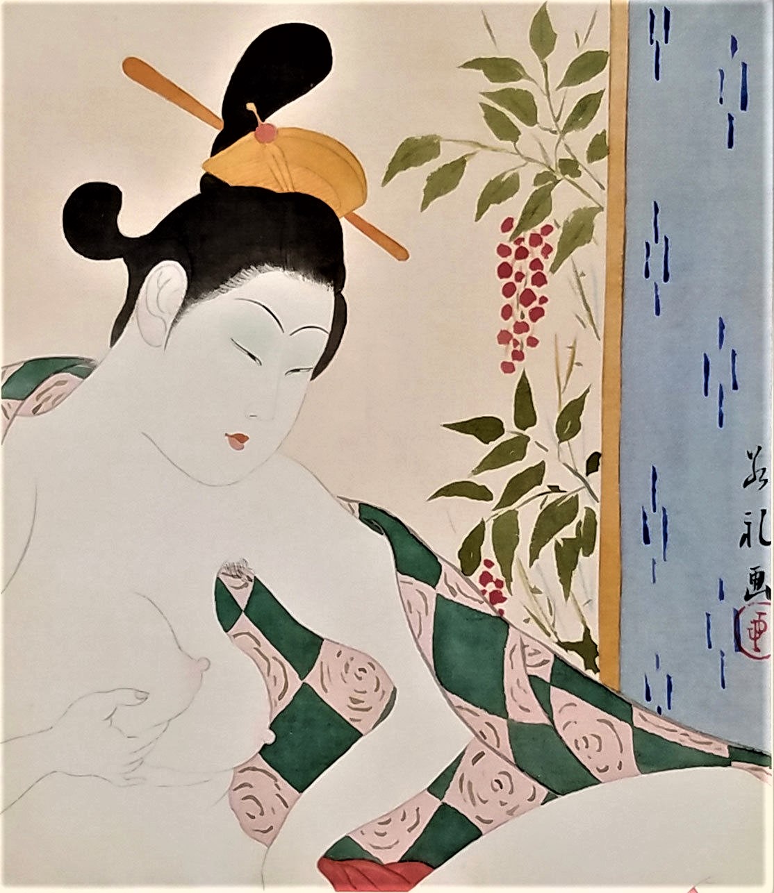 Au bas de cette aquarelle on lit : « Femme s’amusant toute seule, le 28 octobre 1928, Paul Jacoulet, Tokio ».