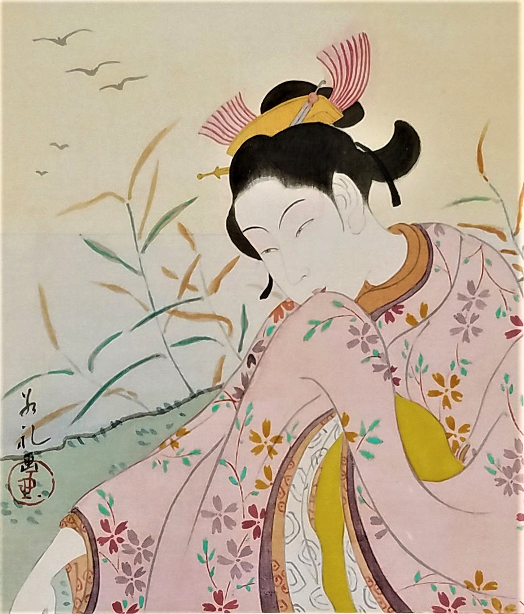 Au bas de cette aquarelle, on lit : « Geisha un peu grise. A Monsieur Coste… le 22 octobre 1928, Paul Jacoulet, Tokio ».