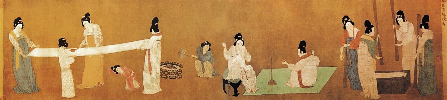 Femmes de la cour en train de préparer la soie. Copie du XIIe de l’empereur Huizong d’après un original de la dynastie des Tang attribué à Zhang Xuan (VIIIe).