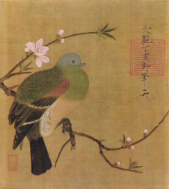 Pigeon et fleur de pécher, par l’empereur Huizong, XIIe