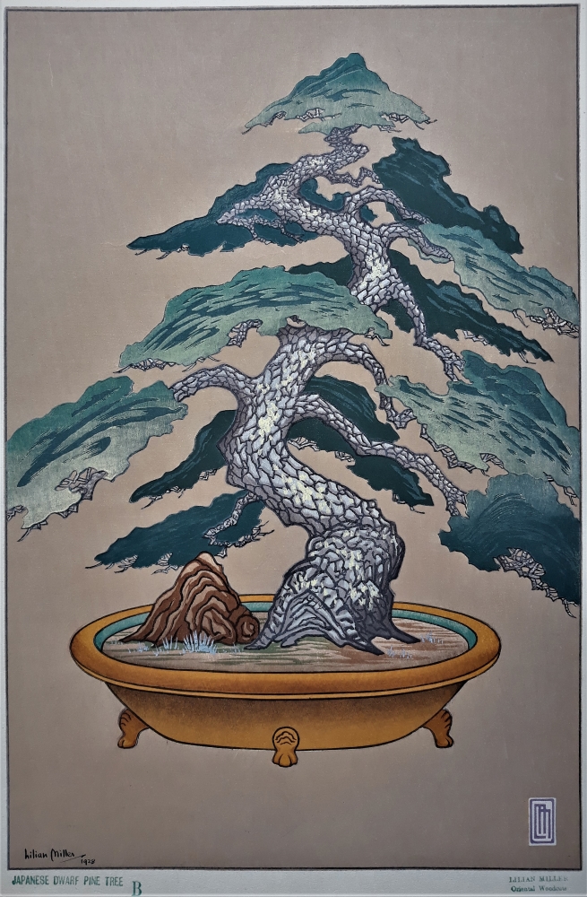 Japanese Dwarf Pine Tree B (tan background), 1928, gravure sur bois (36,2 x 24,1 cm). Coll. J.D.